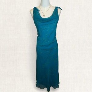 Vintage Y2K turquoise chiffon floral slip dress fairycore cowl neck tie